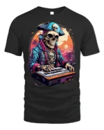 Pirate Skeleton DJ Keyboard Sunset Graphic T-shirt - black t-shirt on white background