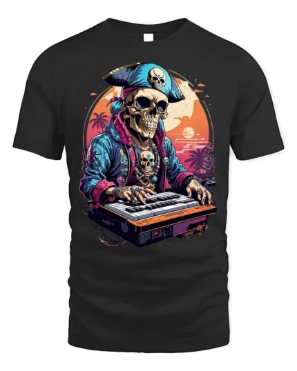 Pirate Skeleton DJ Keyboard Sunset Graphic T-shirt - black t-shirt on white background
