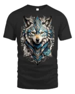 Tribal Blue Wolf Head Floral Spirit Graphic T-shirt - black t-shirt on white background