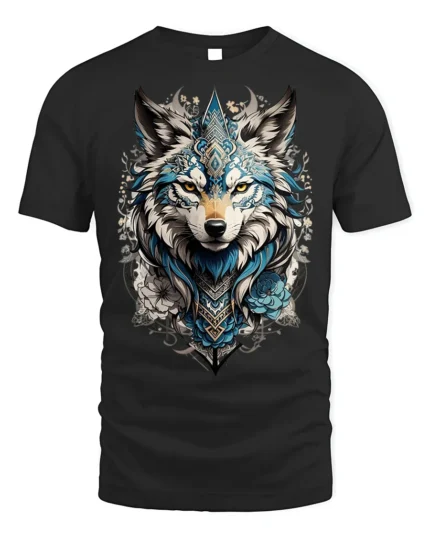 Tribal Blue Wolf Head Floral Spirit Graphic T-shirt - black t-shirt on white background
