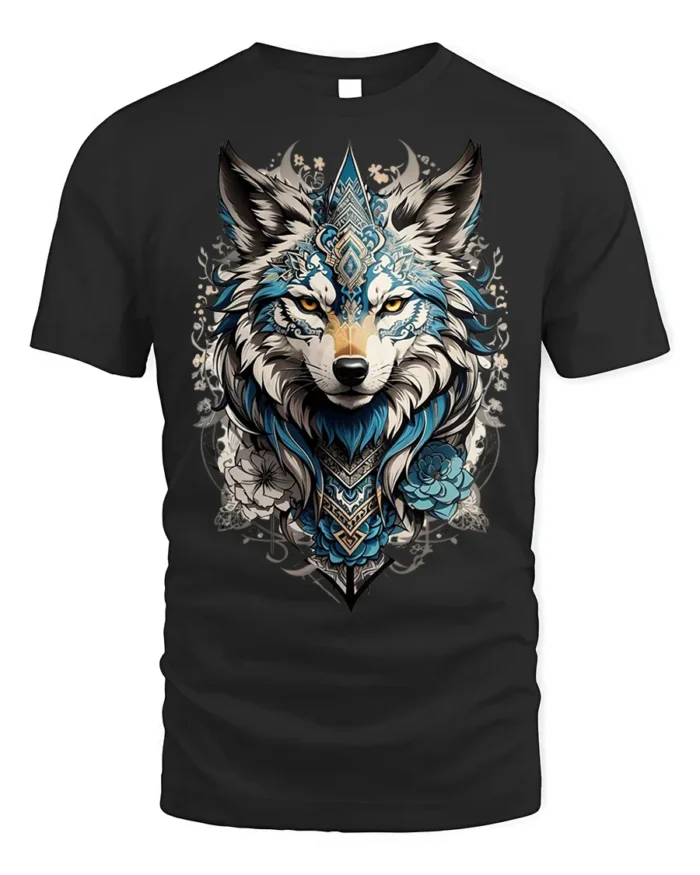 Tribal Blue Wolf Head Floral Spirit Graphic T-shirt - black t-shirt on white background
