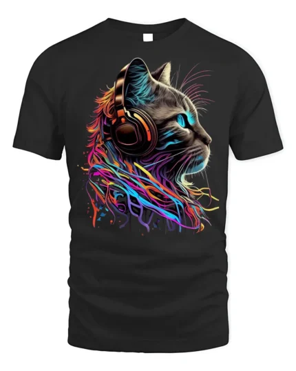 Neon Cat Headphones Music Lover Graphic T-shirt - black t-shirt on white background