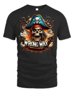 Pirate Skull Wrong Way Fiery Chains Graphic T-shirt - black t-shirt on white background