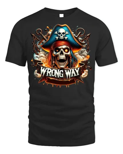 Pirate Skull Wrong Way Fiery Chains Graphic T-shirt - black t-shirt on white background