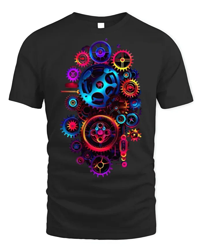 Colorful Steampunk Gears Mechanical Art T-shirt - black t-shirt on white background