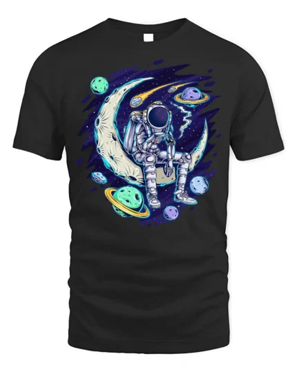Astronaut Sitting on Moon Space Planets T-shirt - black t-shirt on white background
