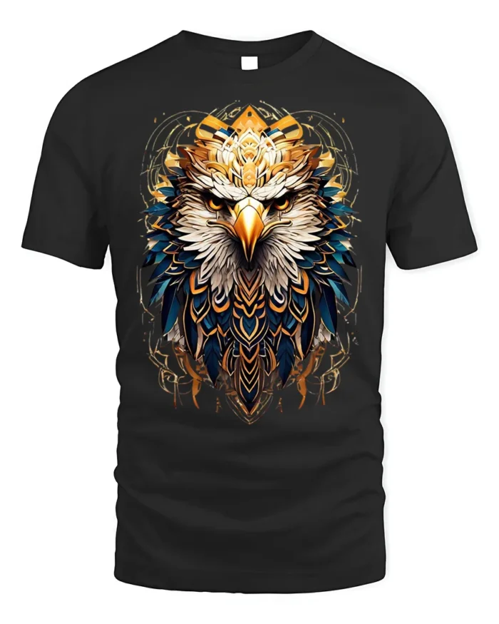 Fierce Eagle Head Tribal Feathers Art T-shirt - black t-shirt on white background