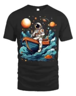 Astronaut Rowing Boat Space Adventure Graphic T-shirt - black t-shirt on white background
