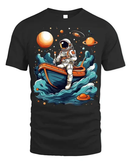 Astronaut Rowing Boat Space Adventure Graphic T-shirt - black t-shirt on white background