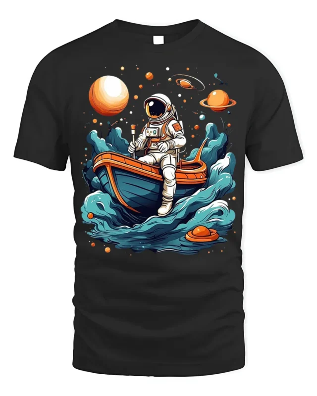Astronaut Rowing Boat Space Adventure Graphic T-shirt - black t-shirt on white background