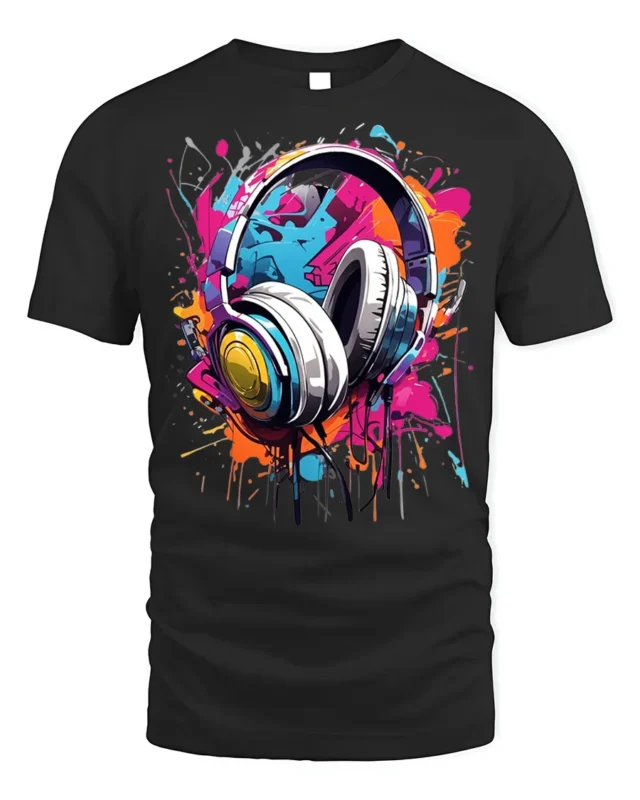 Colorful Headphones Music Splash Graphic T-shirt - black t-shirt on white background