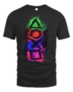 Colorful Gamer Controller Symbols Graphic T-shirt - black t-shirt on white background