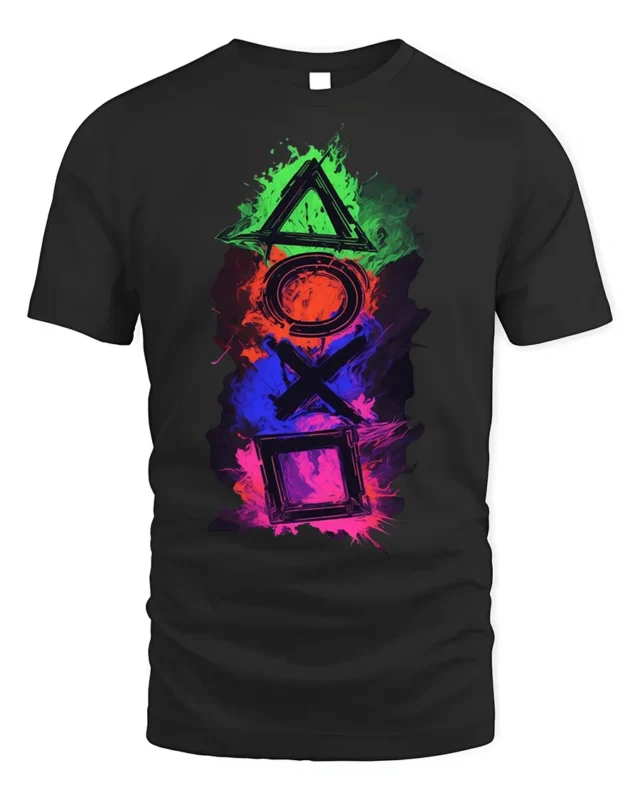 Colorful Gamer Controller Symbols Graphic T-shirt - black t-shirt on white background