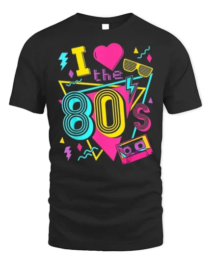Retro I Love The 80s Neon Cassette Graphic T-shirt - black t-shirt on white background