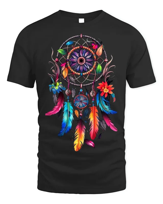 Colorful Dreamcatcher Feathers Floral Graphic T-shirt - black t-shirt on white background