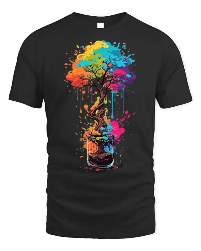 Colorful Coffee Cup Tree Splash Art Graphic T-shirt - black t-shirt on white background