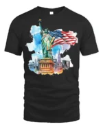 Statue of Liberty NYC Skyline American Flag T-shirt - black t-shirt on white background