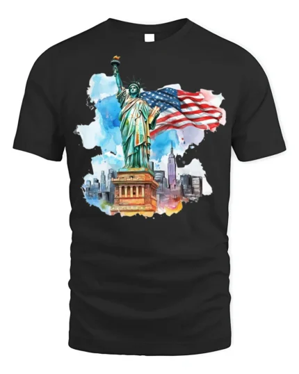 Statue of Liberty NYC Skyline American Flag T-shirt - black t-shirt on white background