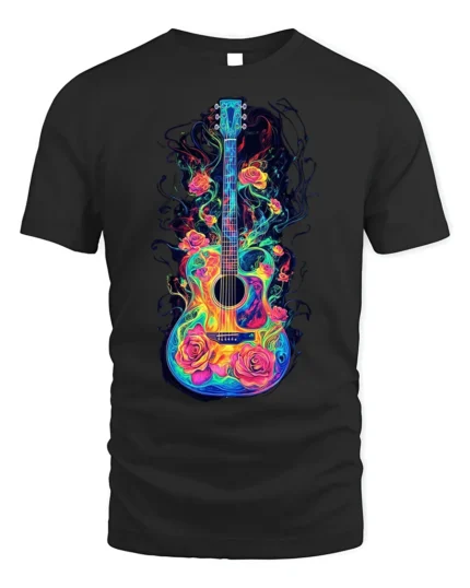 Colorful Guitar with Roses Artistic Music T-shirt - black t-shirt on white background
