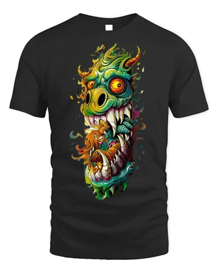 Psychedelic Monster Dragon Fiery Art Graphic T-shirt - black t-shirt on white background