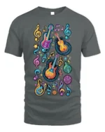 Colorful Neon Guitar Music Notes Graphic T-shirt - gray t-shirt on white background