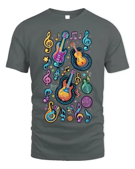 Colorful Neon Guitar Music Notes Graphic T-shirt - gray t-shirt on white background