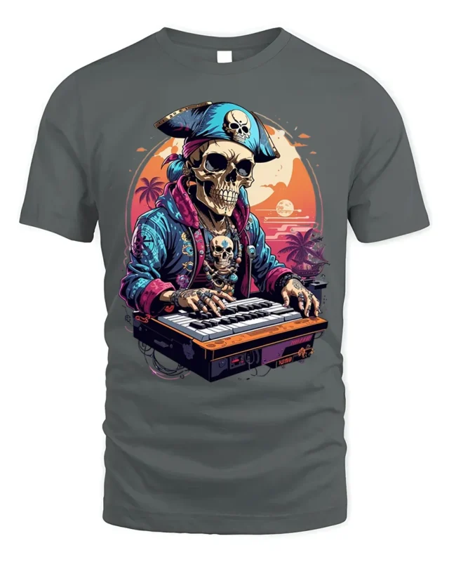 Pirate Skeleton DJ Keyboard Sunset Graphic T-shirt - gray t-shirt on white background