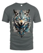 Tribal Blue Wolf Head Floral Spirit Graphic T-shirt - gray t-shirt on white background