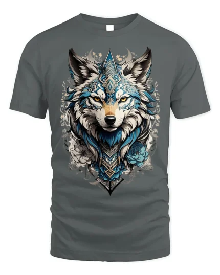 Tribal Blue Wolf Head Floral Spirit Graphic T-shirt - gray t-shirt on white background