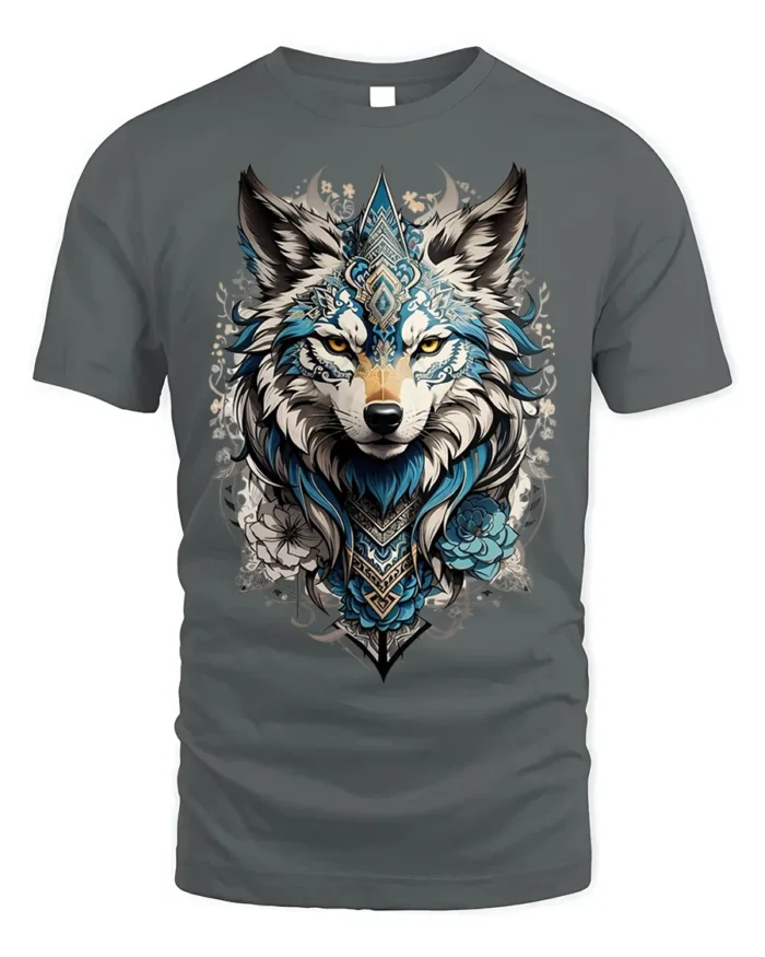 Tribal Blue Wolf Head Floral Spirit Graphic T-shirt - gray t-shirt on white background