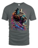 Neon Cat Headphones Music Lover Graphic T-shirt - gray t-shirt on white background