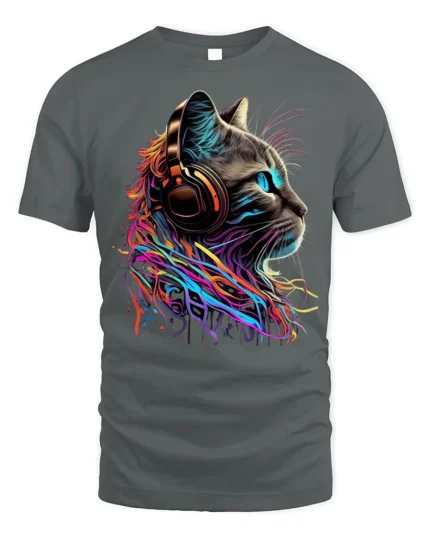 Neon Cat Headphones Music Lover Graphic T-shirt - gray t-shirt on white background