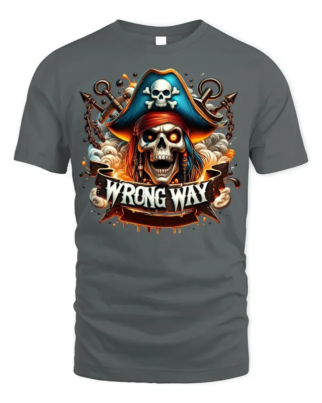 Pirate Skull Wrong Way Fiery Chains Graphic T-shirt - gray t-shirt on white background