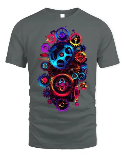 Colorful Steampunk Gears Mechanical Art T-shirt - gray t-shirt on white background