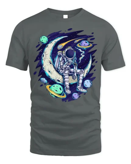 Astronaut Sitting on Moon Space Planets T-shirt - gray t-shirt on white background