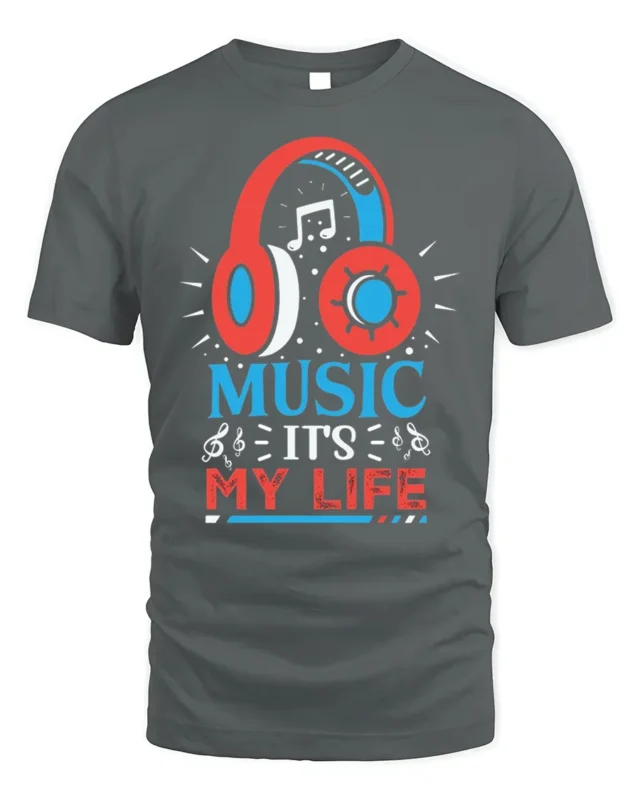 Music It’s My Life Headphones Graphic T-shirt - gray t-shirt on white background