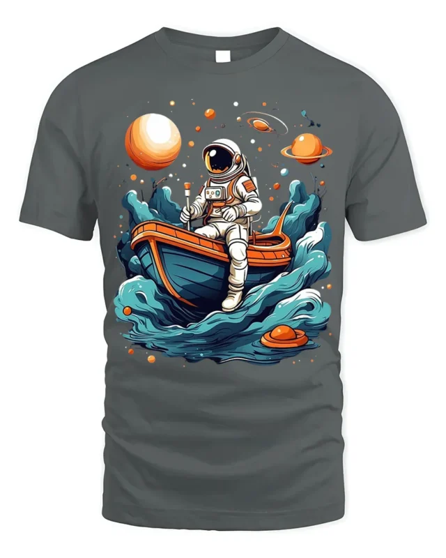 Astronaut Rowing Boat Space Adventure Graphic T-shirt - gray t-shirt on white background