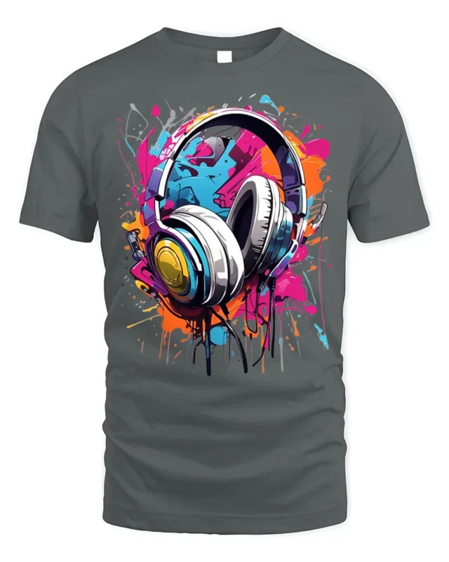 Colorful Headphones Music Splash Graphic T-shirt - gray t-shirt on white background