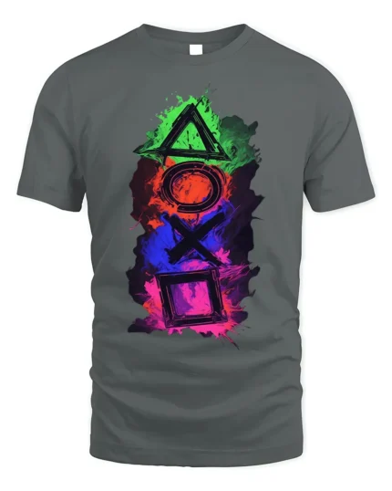 Colorful Gamer Controller Symbols Graphic T-shirt - gray t-shirt on white background