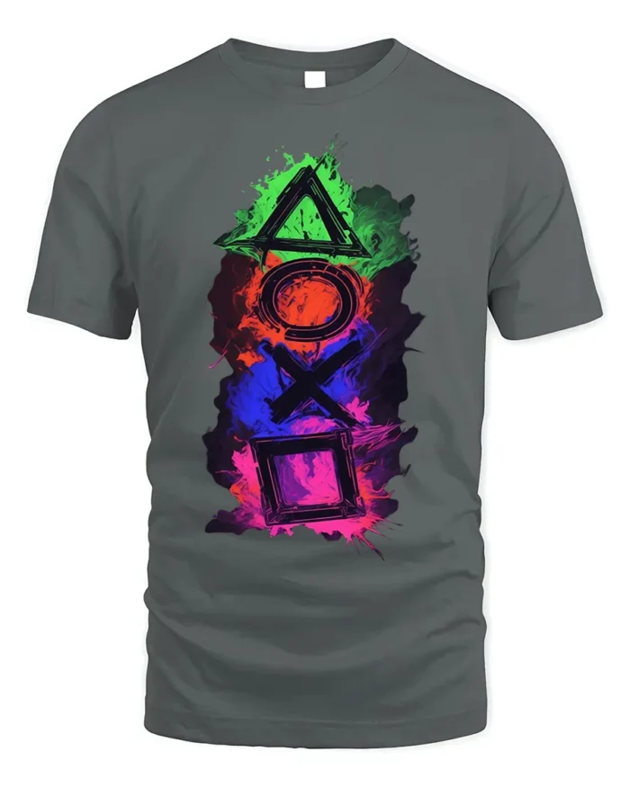 Colorful Gamer Controller Symbols Graphic T-shirt - gray t-shirt on white background