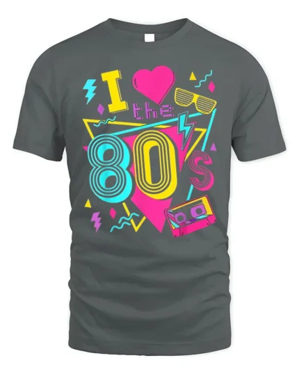 Retro I Love The 80s Neon Cassette Graphic T-shirt - gray t-shirt on white background