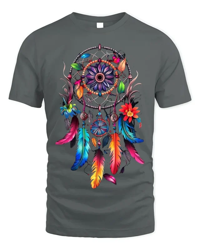 Colorful Dreamcatcher Feathers Floral Graphic T-shirt - gray t-shirt on white background