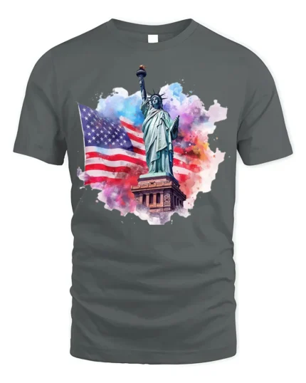 Statue of Liberty American Flag Patriotic T-shirt - gray t-shirt on white background