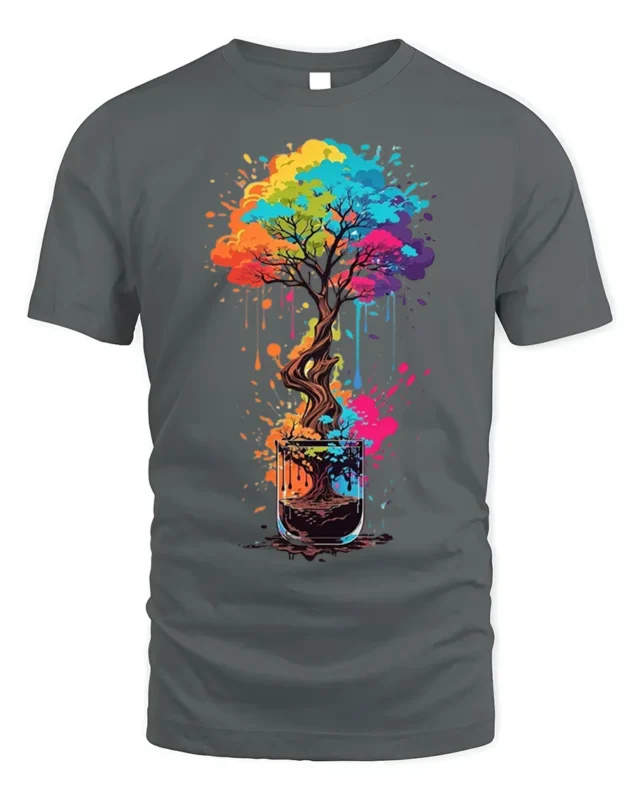 Colorful Coffee Cup Tree Splash Art Graphic T-shirt - gray t-shirt on white background