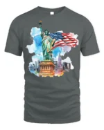 Statue of Liberty NYC Skyline American Flag T-shirt - gray t-shirt on white background