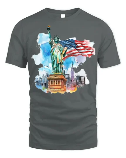 Statue of Liberty NYC Skyline American Flag T-shirt - gray t-shirt on white background