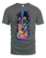 Colorful Guitar with Roses Artistic Music T-shirt - gray t-shirt on white background