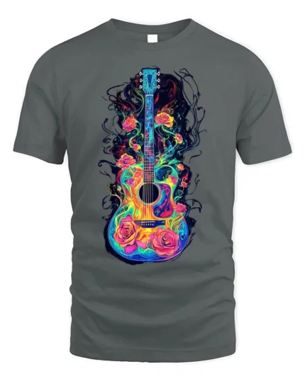 Colorful Guitar with Roses Artistic Music T-shirt - gray t-shirt on white background