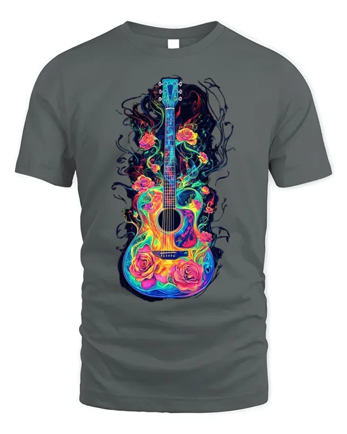 Colorful Guitar with Roses Artistic Music T-shirt - gray t-shirt on white background