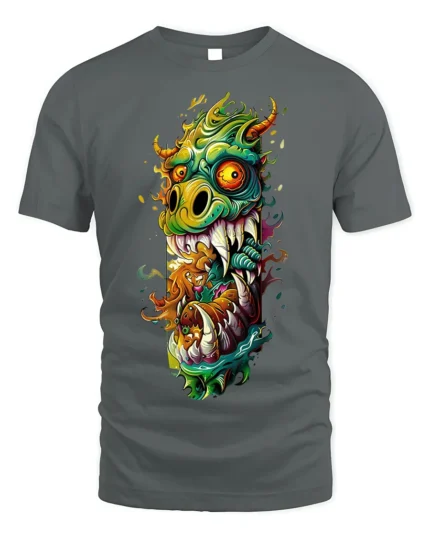 Psychedelic Monster Dragon Fiery Art Graphic T-shirt - gray t-shirt on white background
